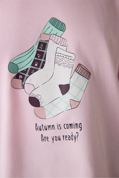 Autumn Çiçekli Bisiklet Yaka Pamuklu Uzun Kol Pijama Takımı