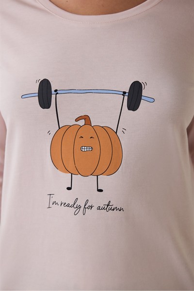 Balkabağı Desenli Bisiklet Yaka Pamuklu Uzun Kollu Pijama Takımı