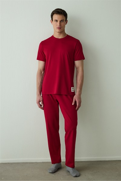 Bordo Erkek Slogan Baskılı Kısa Kollu Pamuklu Pijama Takımı