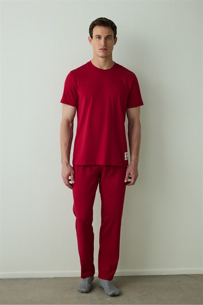 Bordo Erkek Slogan Baskılı Kısa Kollu Pamuklu Pijama Takımı
