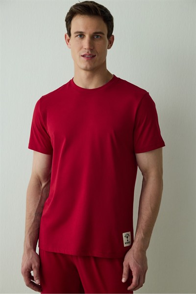 Bordo Erkek Slogan Baskılı Kısa Kollu Pamuklu Pijama Takımı