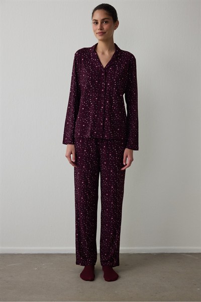 Bordo Leopar Desenli Fitilli Gömlek Yakalı Uzun Kollu Pijama Takımı