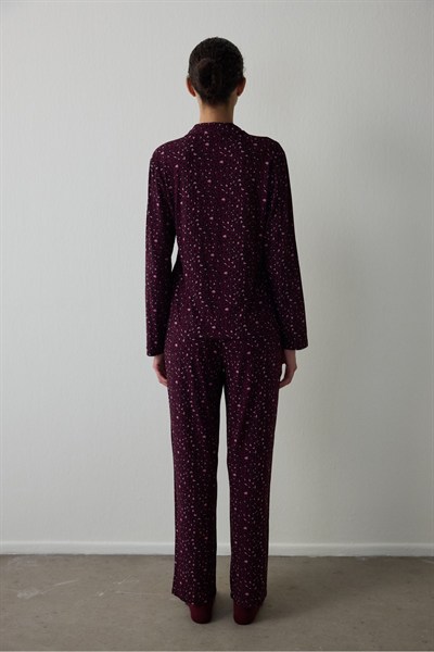 Bordo Leopar Desenli Fitilli Gömlek Yakalı Uzun Kollu Pijama Takımı