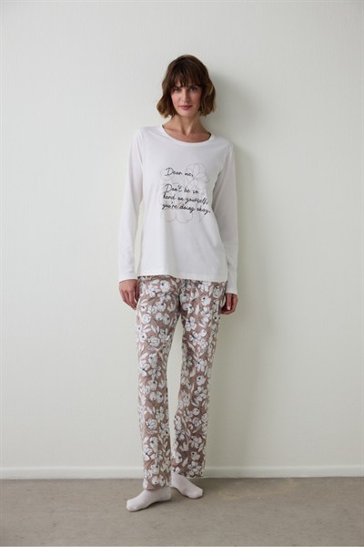 Dear Me Slogan Baskılı Bisiklet Yaka Uzun Kollu Pamuklu Pijama Takımı
