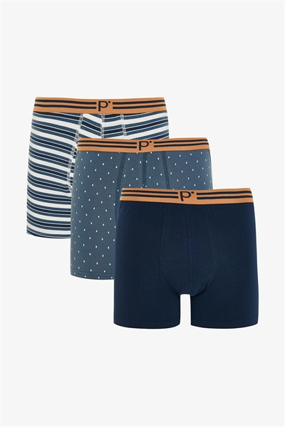 Erkek Geometrik Desenli P Logolu Orta Bel 3lü Örme Boxer