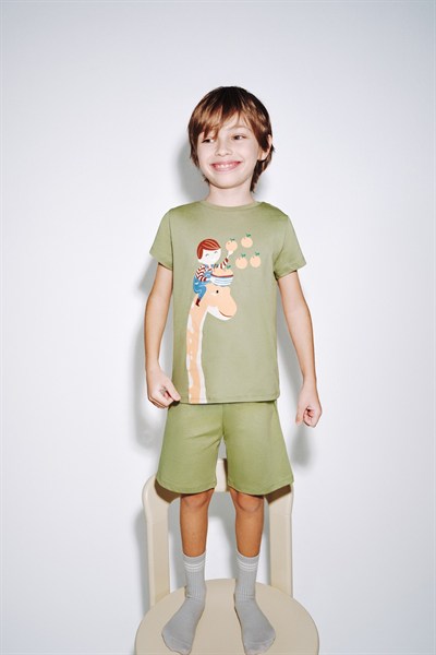 Haki Erkek Çocuk Dino in The Field Pamuklu 2li Pijama Takımı