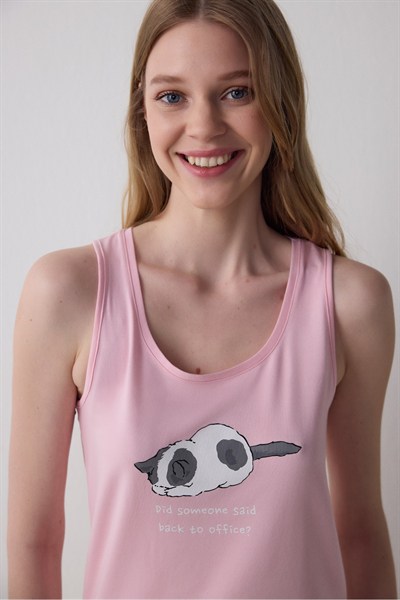 Kedi Desenli Sleepy Bisiklet Yaka Askılı Pamuklu Pijama Takımı