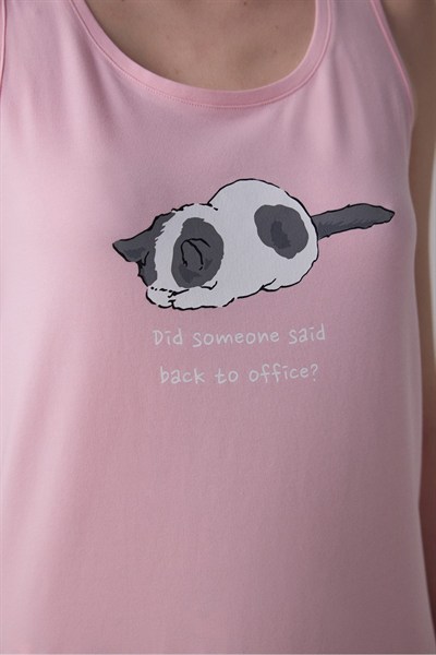 Kedi Desenli Sleepy Bisiklet Yaka Askılı Pamuklu Pijama Takımı