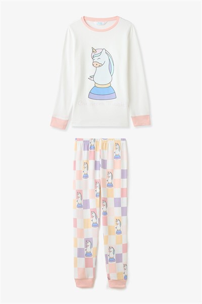 Kırık Beyaz Kız Çocuk Chessicorn Unicorn DesenliUzun Kollu Pijama Takımı