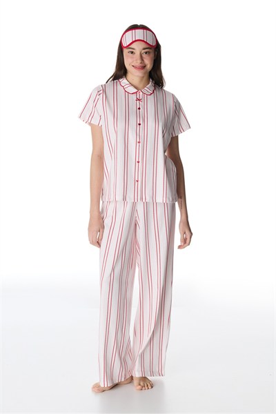 Kırık Beyaz Rosy Stripes Düğmeli Gömlek Pantolon Pijama Takımı