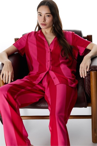 Kırmızı For You Çizgili Düğmeli Gömlek Pantolon Pijama Takımı