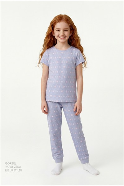 Koyu Lila Kız Çocuk Diamond Pamuklu 2li Pijama Takımı