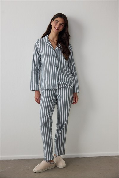 Koyu Yeşil Lazy Morning Çizgili Pamuklu Gömlek Yaka Pijama Takımı