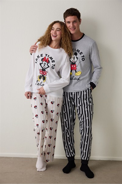 Optik Beyaz Mickey Mouse Baskılı Pamuklu Uzun Kollu Pijama Takımı