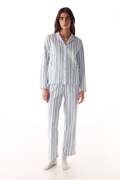 Pamuklu Açık Gri Cool Stripes Gömlek Pantolon Pijama Takımı
