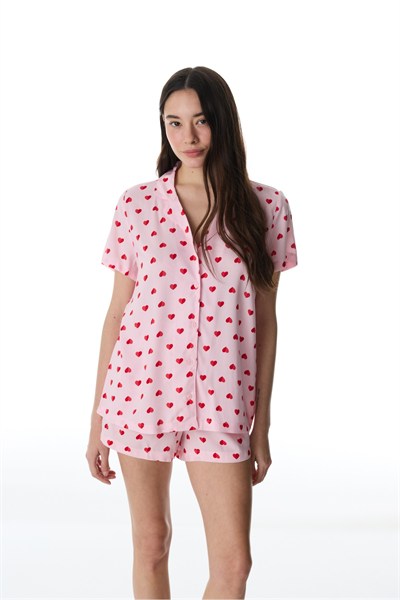 Pembe Cute Hearts Gömlek Şortlu Pijama Takımı