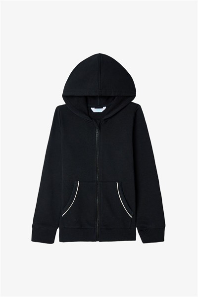 Siyah Kız Çocuk Biye Detaylı Oversize Kapüşonlu Sweatshirt