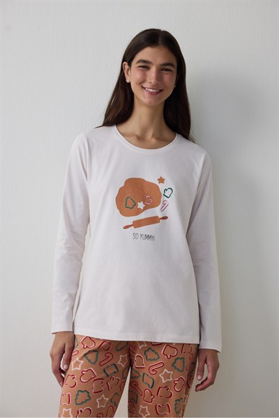 Taba Cookies Bisiklet Yaka Uzun Kollu Pamuklu Pijama Takımı
