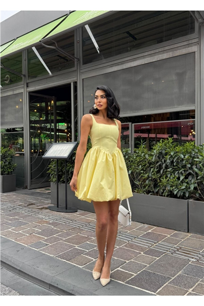 Kadın Balon Etekli Kare Yaka Mini Elbise ZYN-58918 - Sarı