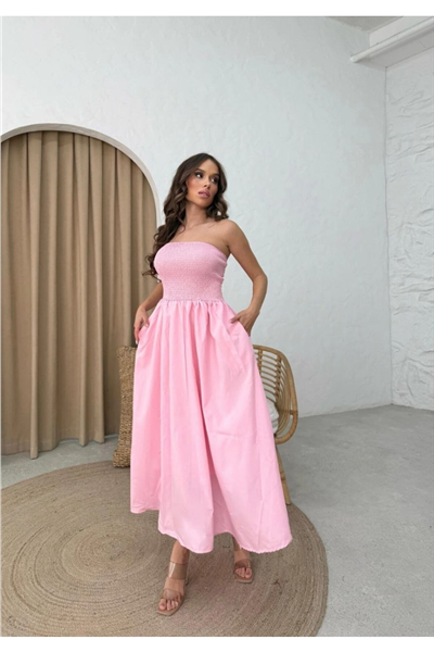 Kadın Straplez Gipeli Midi Elbise ZYN-58929 - PEMBE