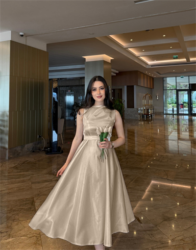 Elya Sıfır Kol Saten Elbise Bej