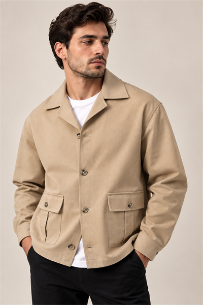 Bej Gabardin Cep Detaylı Erkek Trençkot