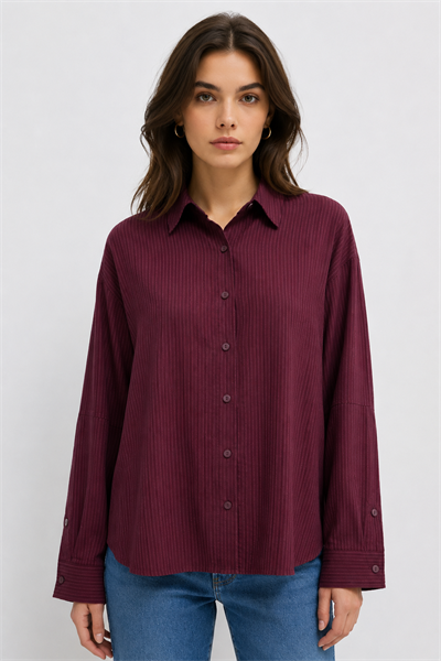 Bordo Relax Fit Çizgili Kadın Gömlek