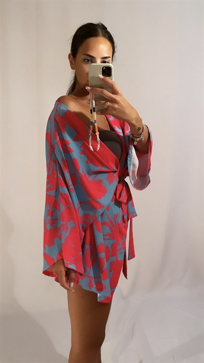 Pembe Mavi Desenli Kimono