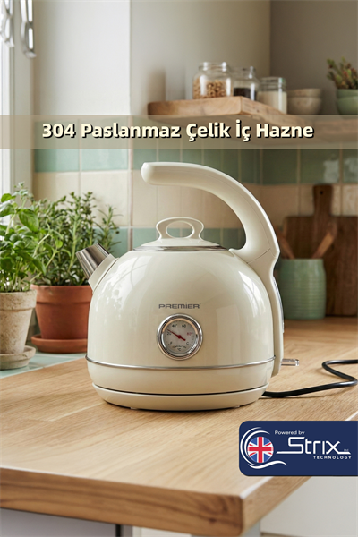 PRK 1215C Retro Tasarımlı Analog Göstergeli Paslanmaz Çelik Hazneli Su Isıtıcısı Cool Touch Kettle | Krem