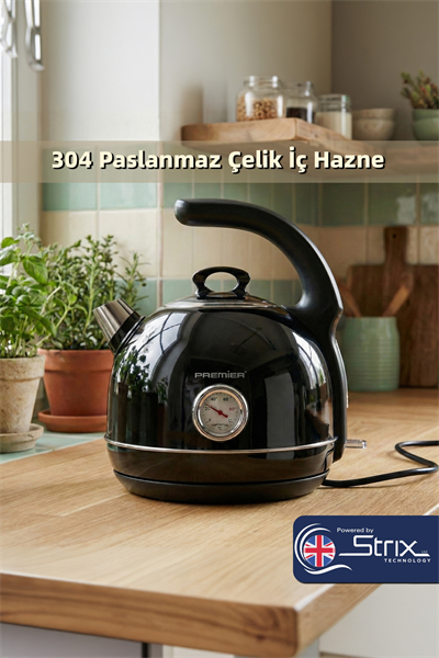 PRK 1215C Retro Tasarımlı Analog Göstergeli Paslanmaz Çelik Hazneli Su Isıtıcısı Cool Touch Kettle | Siyah