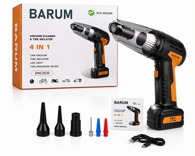Barum DNC2030 4'ü 1 Arada Şarjlı Araç Süpürgesi ve Lastik Şişirme Kompresörü 12V 90W LED Işıklı Kablosuz El Süpürgesi
