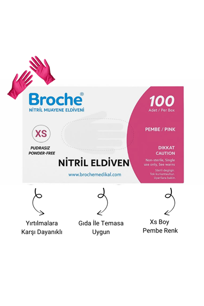 Pudrasız Nitril Eldiven XS Pembe 100lü | Lateks İçermez