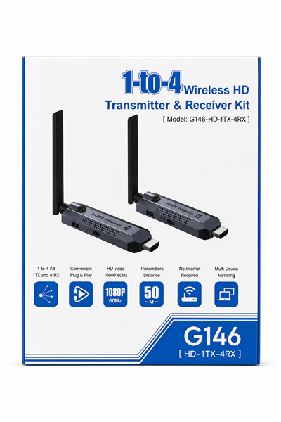 1-to-4 Wireless HD Transmitter & Receiver Kit G146 Çoklu Ekran Kablosuz HDMI Görüntü Aktarım Seti