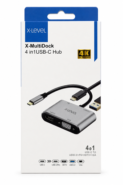 4 Port Type-C to 4K HDMI ve VGA Görüntü Aktarıcı Dönüştürücü Hub