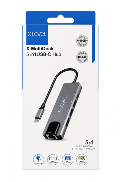5 Port Type-C to 4K HDMI, Gigabit Ethernet ve 100W PD Hızlı Şarj Hub Adaptör