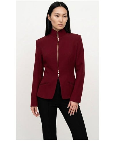İnci Düğme Detaylı Vatkalı Blazer Ceket - Bordo