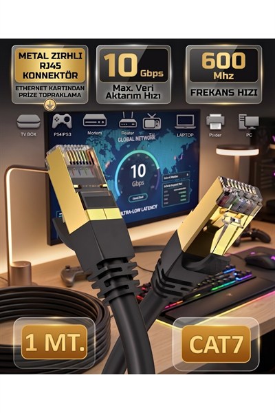 Cat7 Ethernet Kablosu 1 Metre 10 Gbps 600 MHz Metal Zırhlı