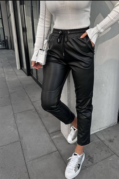 Kadın Bağcıklı Deri Jogger Pantolon
