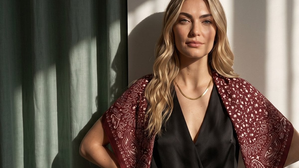 Siyah saten bluz üzerine omuza atılmış bordo paisley desenli fular