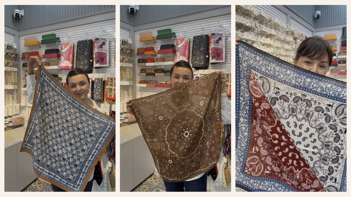 Terracotta kenarlı, kahverengi paisley ve lacivert bordo patchwork desenli kare fular modelleri