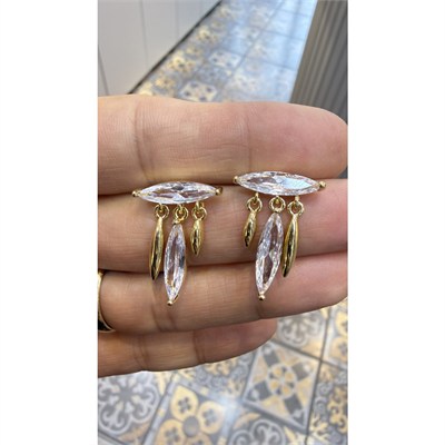 Lotus Aksesuar Marquise Taş ve Altın Renk Oval Sallantılı Küpe