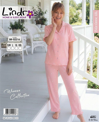 Lindros BR-02216 Kadın Kısa Kollu Bürümcük Düğmeli Pijama Takım
