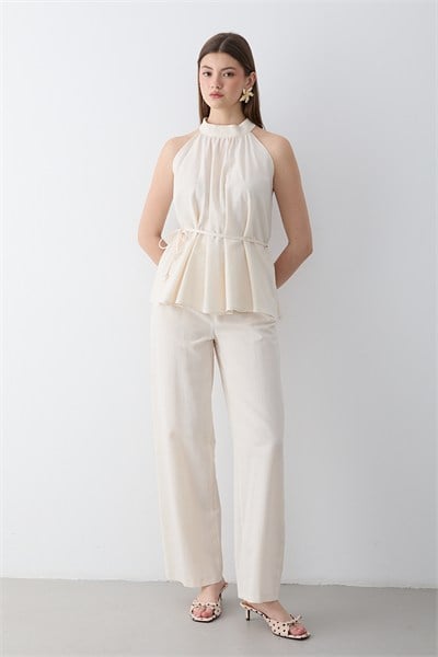 Kadın Naturel Halter Yaka Kuşak Detaylı Bluz Pantolon Takım