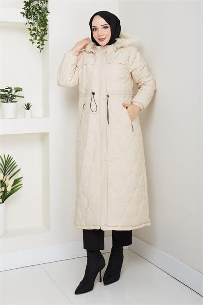 BELİ LASTİKLİ KAPİTONE MONT / Krem