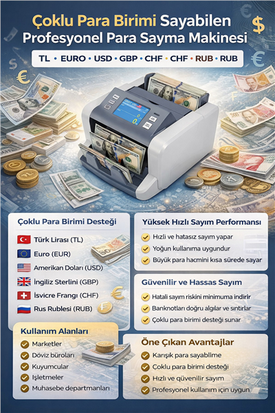PS-220 6 Ülke Para Birimi TL, USD, EURO, GBP, CHF, RUB Karışık Para Sayma Makinesi
