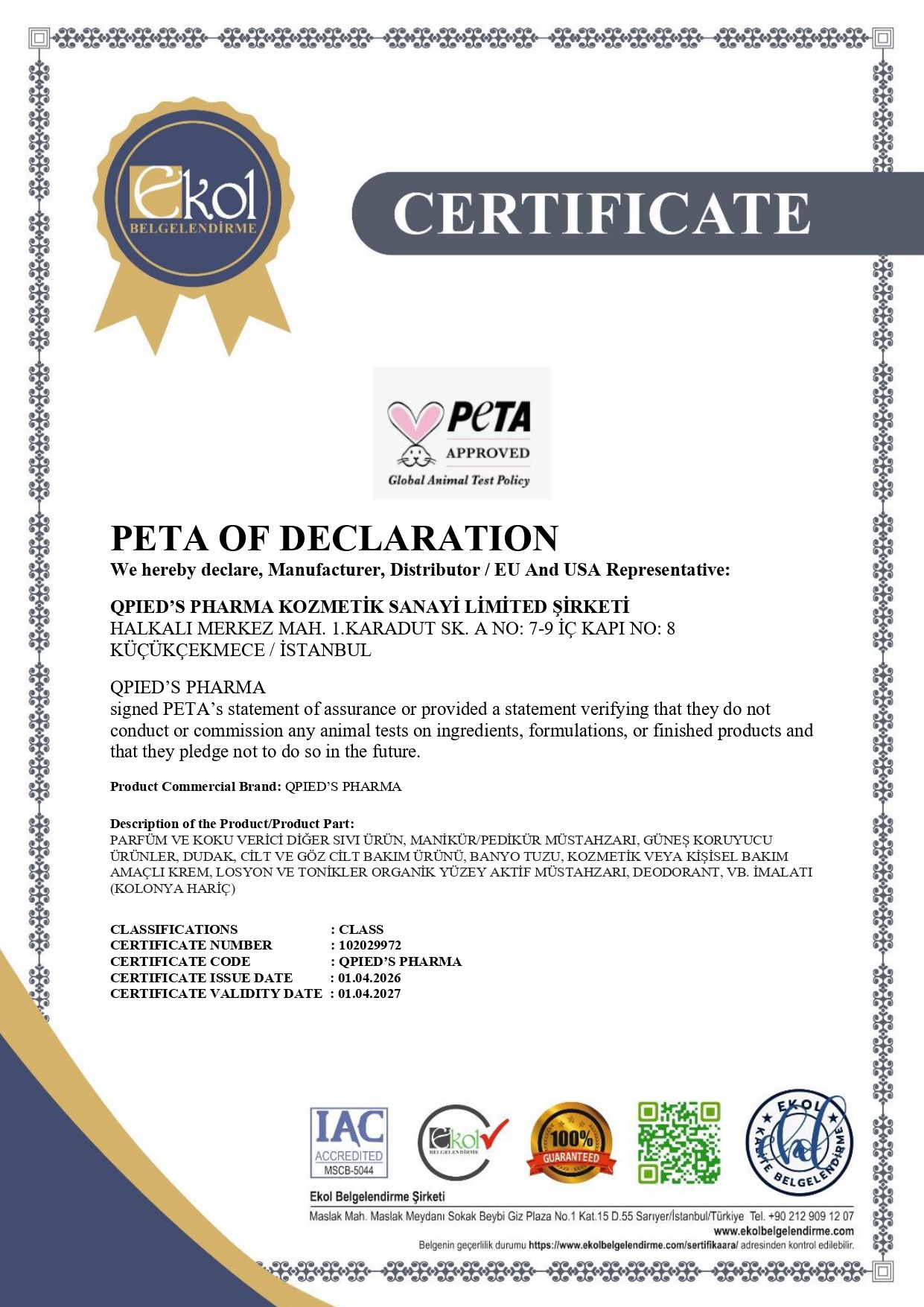 PETA SERTİFİCA