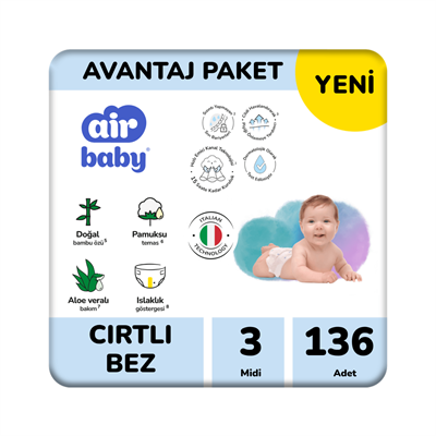 Air Baby Avantaj Paket Midi Bebek Bezi 3 Numara 136 Adet 4-9 Kg