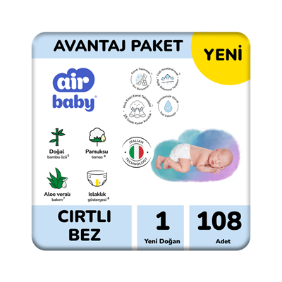 Air Baby Avantaj Paket Yeni Doğan Bebek Bezi 1 Numara 108 Adet (2 Paket) 2-5 kg