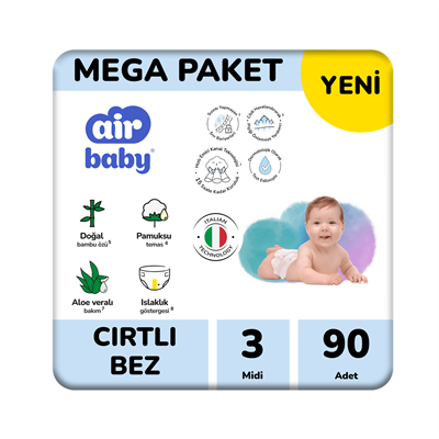 Air Baby Mega Paket Midi Bebek Bezi 3 Numara 90 Adet 4-9 Kg