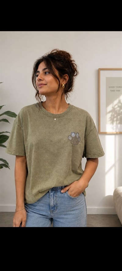 Haki Taşlı Patili Oversize Tişört